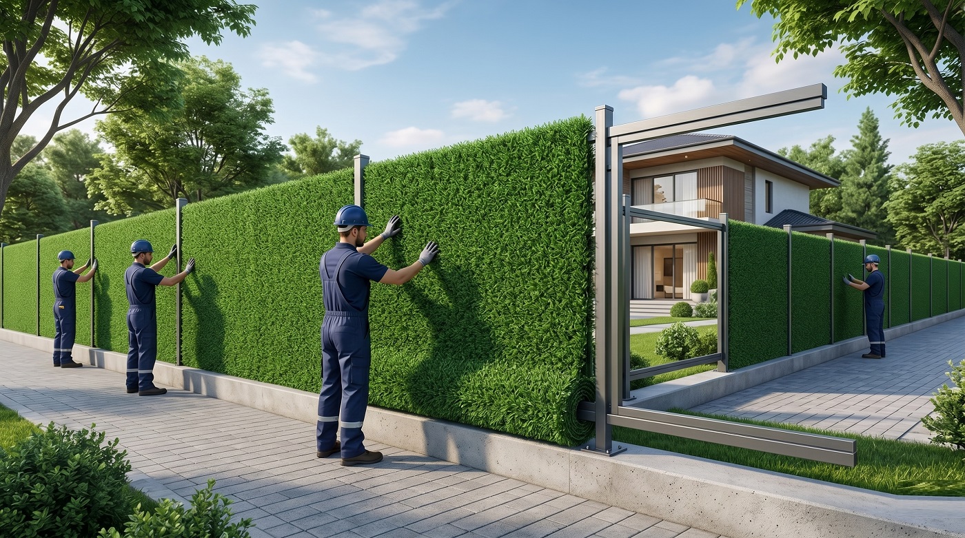 Lüks villa bahçesine uygulanan sık dokulu dekoratif çim çit montajı