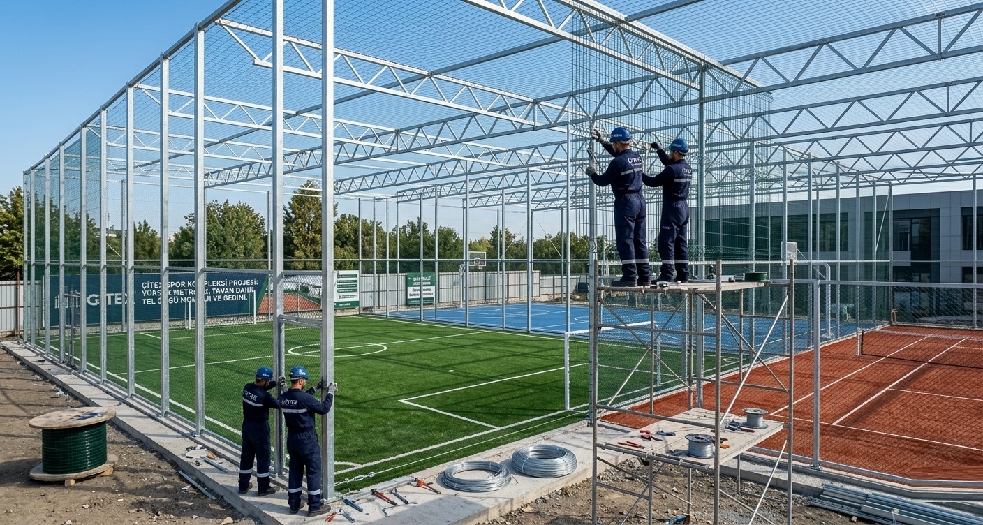 Halı saha ve tenis kortları için yüksek tavan tel örgü kurulumu